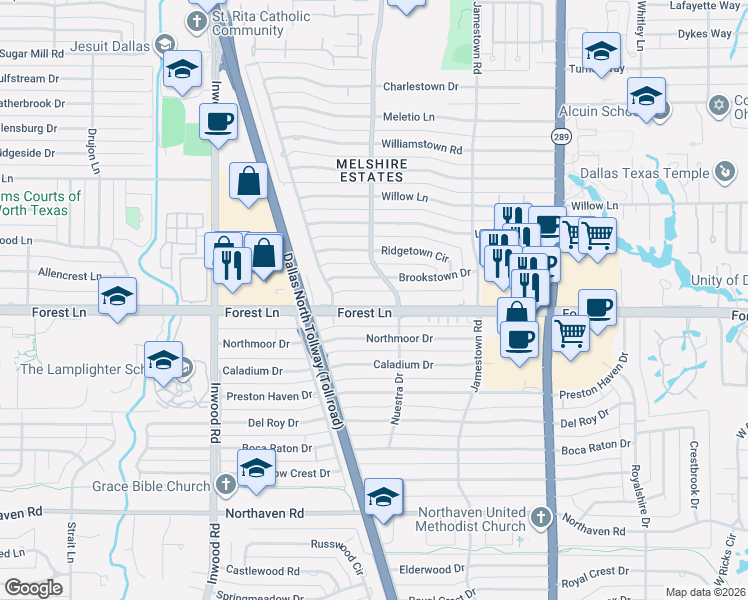 map of restaurants, bars, coffee shops, grocery stores, and more near 5639 Forest Lane in Dallas