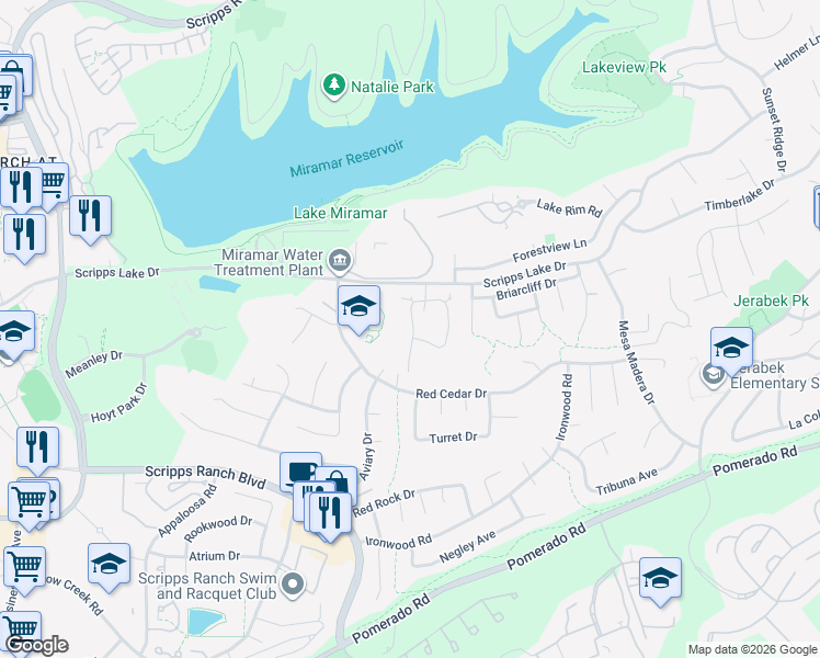 map of restaurants, bars, coffee shops, grocery stores, and more near 10404 Ridgewater Lane in San Diego