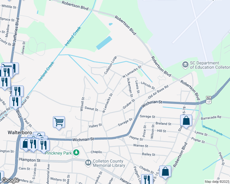 map of restaurants, bars, coffee shops, grocery stores, and more near 930 North Lemacks Street in Walterboro