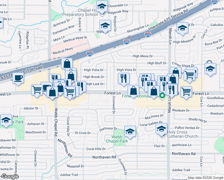 map of restaurants, bars, coffee shops, grocery stores, and more near 11807 Cromwell Dr in Dallas