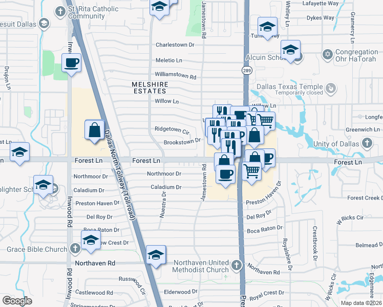 map of restaurants, bars, coffee shops, grocery stores, and more near 5809 Forest Lane in Dallas