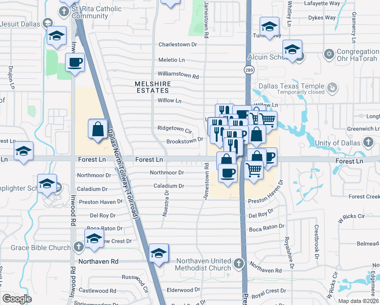 map of restaurants, bars, coffee shops, grocery stores, and more near 5809 Forest Ln in Dallas