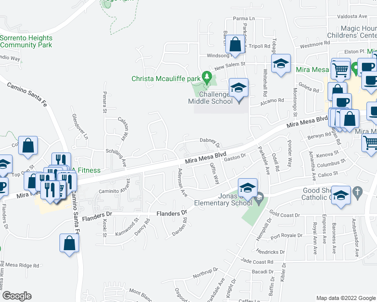 map of restaurants, bars, coffee shops, grocery stores, and more near 10766 Dabney Drive in San Diego