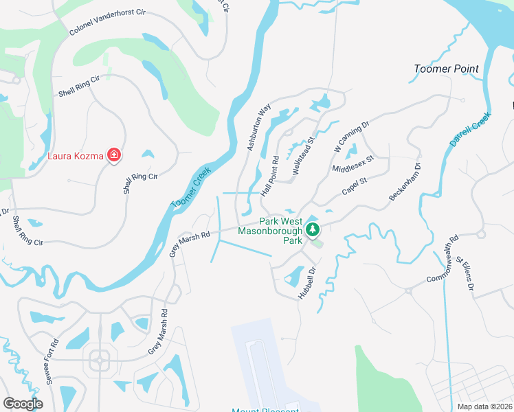 map of restaurants, bars, coffee shops, grocery stores, and more near 1808 Hall Point Road in Mount Pleasant