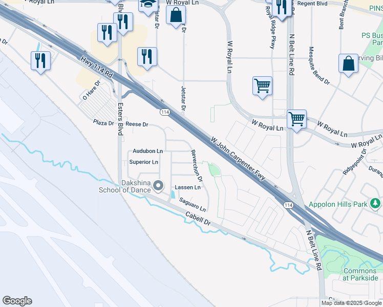 map of restaurants, bars, coffee shops, grocery stores, and more near 4130 Audubon Lane in Irving