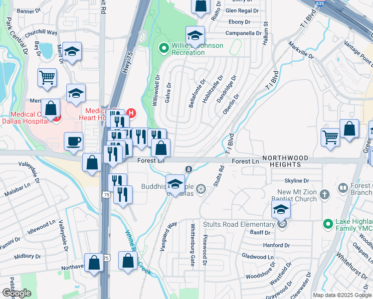 map of restaurants, bars, coffee shops, grocery stores, and more near 11824 Oberlin Drive in Dallas