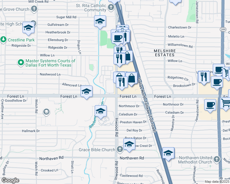map of restaurants, bars, coffee shops, grocery stores, and more near 11825 Inwood Road in Dallas