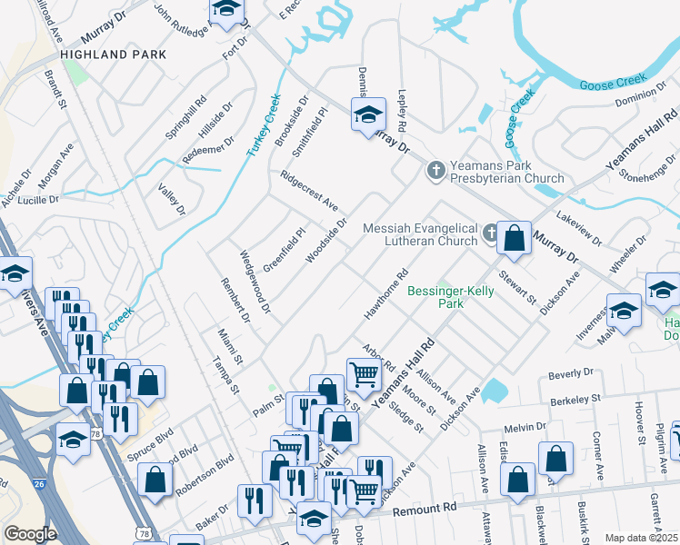 map of restaurants, bars, coffee shops, grocery stores, and more near 1235 Belvedere Drive in Hanahan