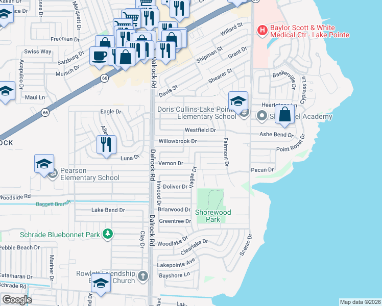 map of restaurants, bars, coffee shops, grocery stores, and more near 5513 Vagas Drive in Rowlett