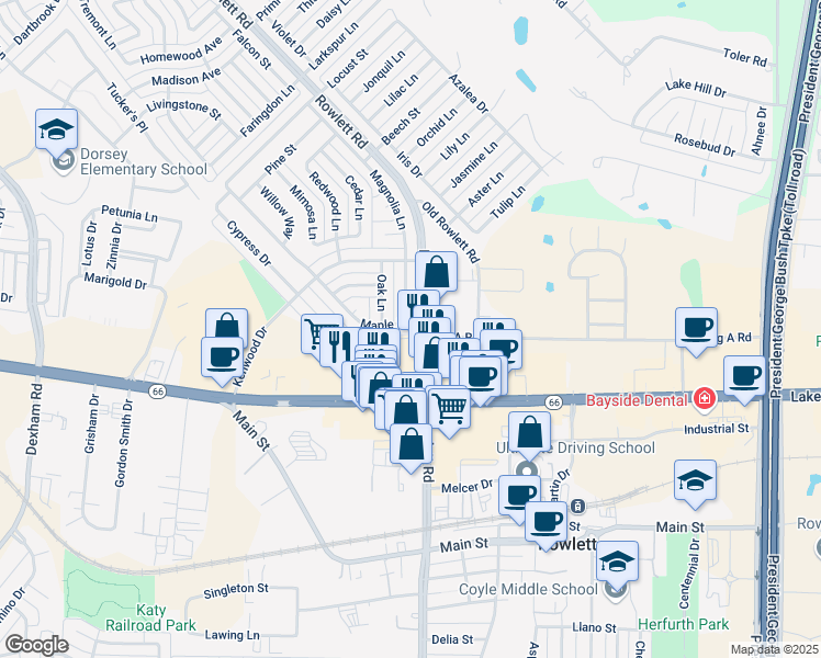 map of restaurants, bars, coffee shops, grocery stores, and more near 3414 Maple Lane in Rowlett