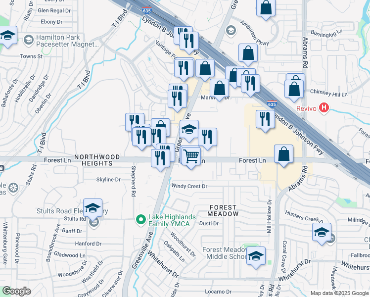 map of restaurants, bars, coffee shops, grocery stores, and more near 11880 Greenville Avenue in Dallas