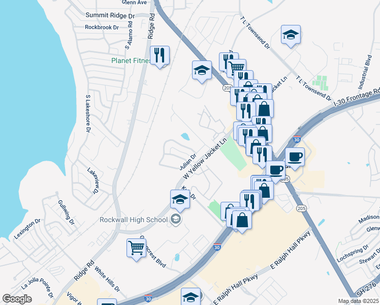 map of restaurants, bars, coffee shops, grocery stores, and more near 215 Pelican Cove Drive in Rockwall