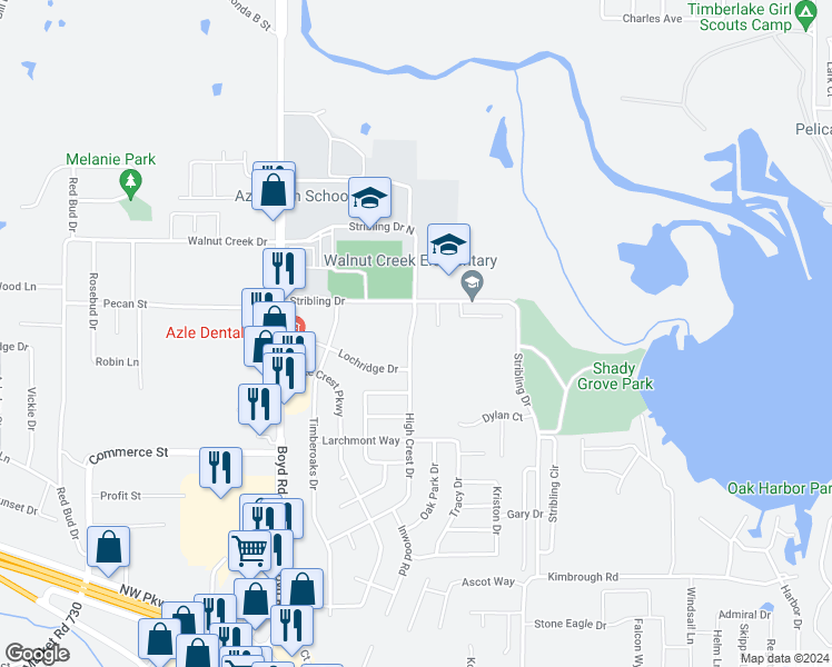 map of restaurants, bars, coffee shops, grocery stores, and more near 1000 High Crest Drive in Azle