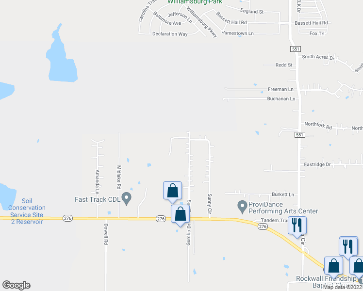 map of restaurants, bars, coffee shops, grocery stores, and more near 2008 Sun Drive in Rockwall