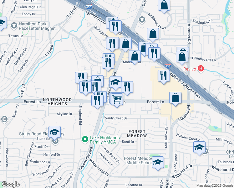 map of restaurants, bars, coffee shops, grocery stores, and more near 11880 Greenville Avenue in Dallas