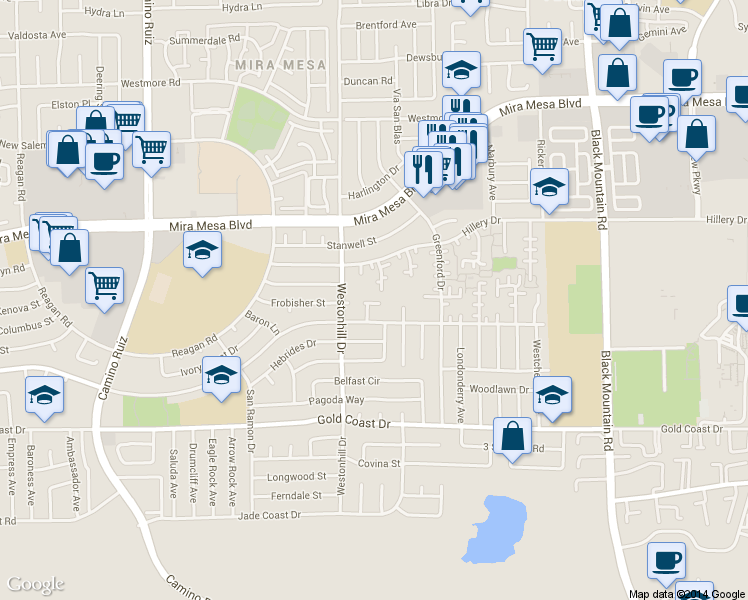map of restaurants, bars, coffee shops, grocery stores, and more near 10541 Caminito Pollo in San Diego