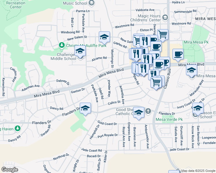 map of restaurants, bars, coffee shops, grocery stores, and more near 10624 Ponder Way in San Diego