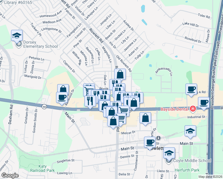 map of restaurants, bars, coffee shops, grocery stores, and more near 3414 Maple Lane in Rowlett