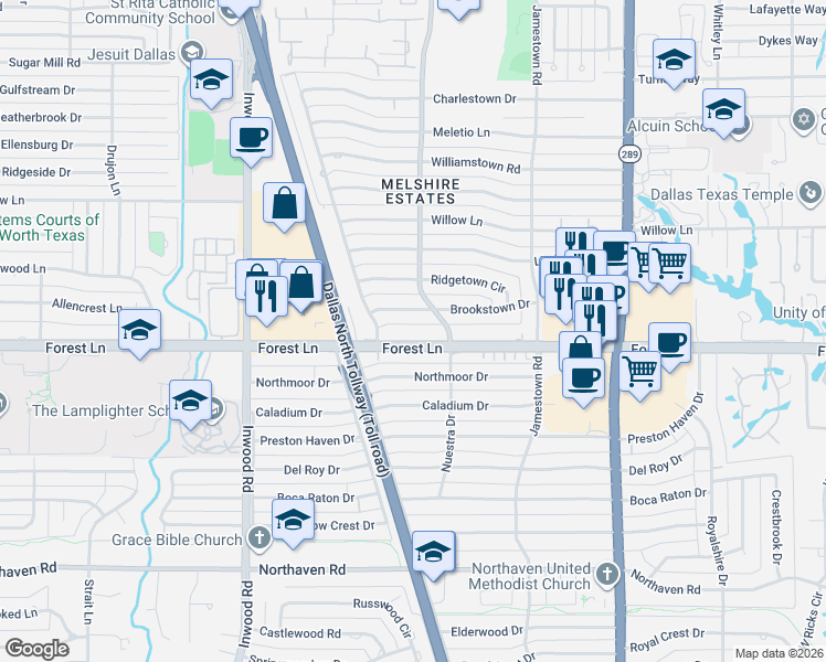 map of restaurants, bars, coffee shops, grocery stores, and more near 5639 Forest Lane in Dallas