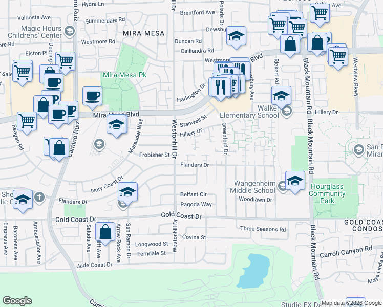 map of restaurants, bars, coffee shops, grocery stores, and more near 10541 Caminito Pollo in San Diego