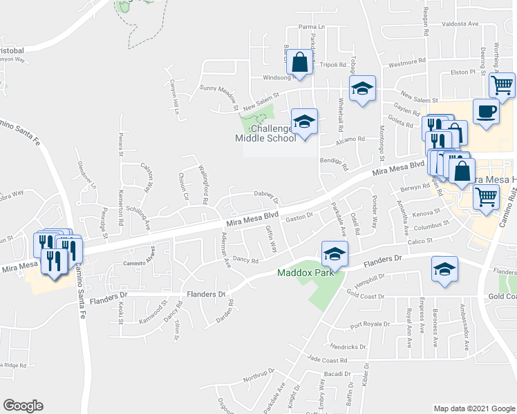 map of restaurants, bars, coffee shops, grocery stores, and more near 10668 Dabney Drive in San Diego