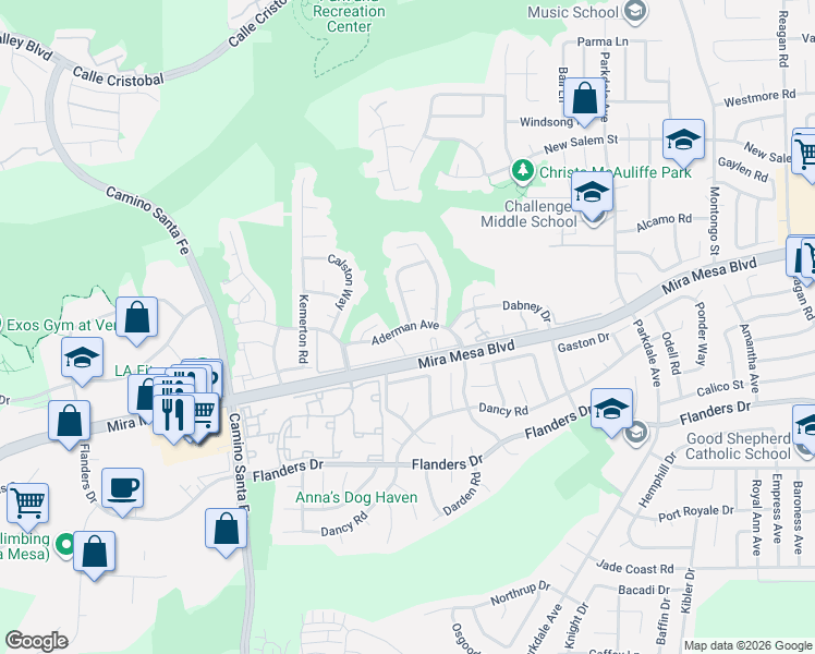 map of restaurants, bars, coffee shops, grocery stores, and more near 10710 Aderman Avenue in San Diego