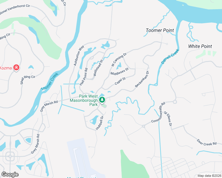 map of restaurants, bars, coffee shops, grocery stores, and more near 1508 Capel Street in Mount Pleasant
