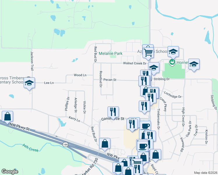 map of restaurants, bars, coffee shops, grocery stores, and more near 916 Elm Court in Azle