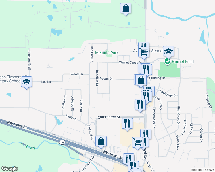map of restaurants, bars, coffee shops, grocery stores, and more near 916 Elm Court in Azle