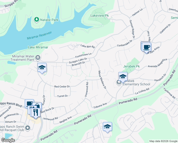 map of restaurants, bars, coffee shops, grocery stores, and more near 10374 Mountain Glen Terrace in San Diego