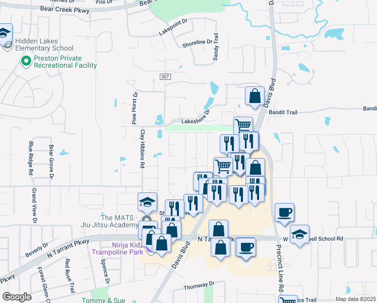 map of restaurants, bars, coffee shops, grocery stores, and more near 8616 Twisted Oaks Way in North Richland Hills