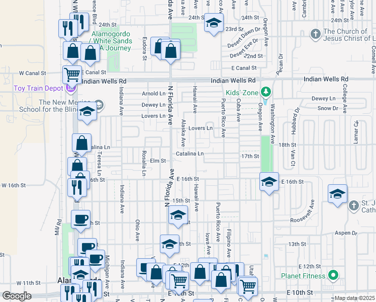 map of restaurants, bars, coffee shops, grocery stores, and more near 903 Catalina Lane in Alamogordo