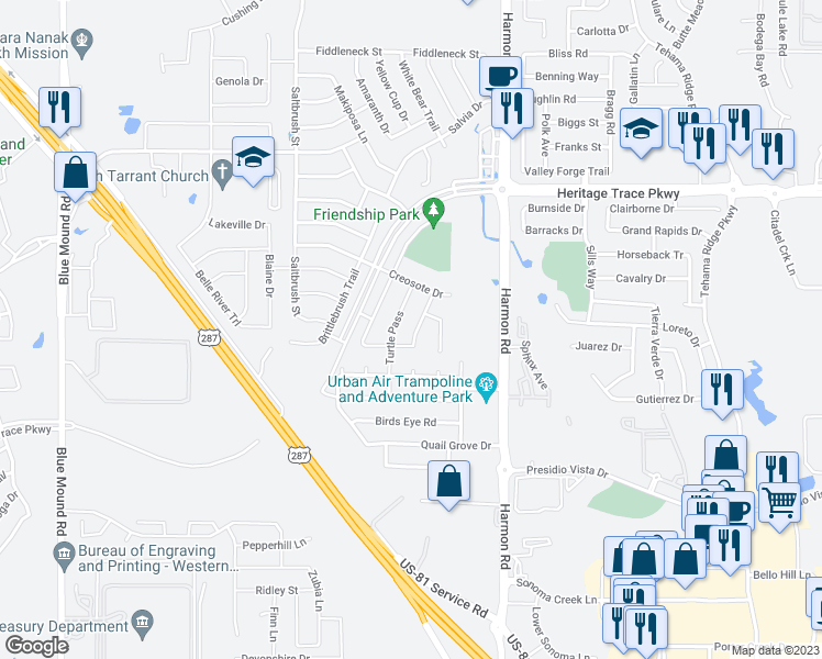 map of restaurants, bars, coffee shops, grocery stores, and more near 9317 Velvet Cactus Drive in Fort Worth