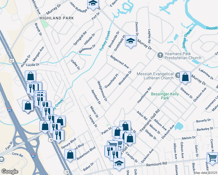 map of restaurants, bars, coffee shops, grocery stores, and more near 1249 Greenfield Place in Hanahan
