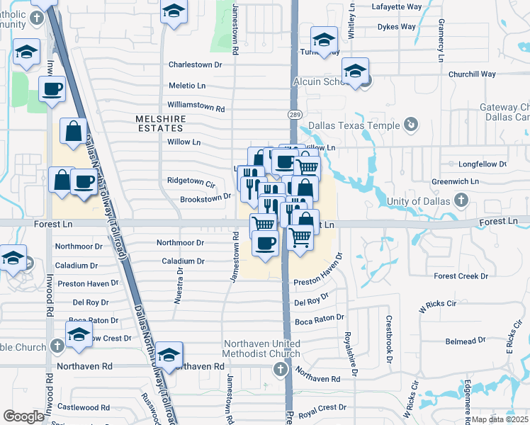 map of restaurants, bars, coffee shops, grocery stores, and more near 5925 Forest Lane in Dallas