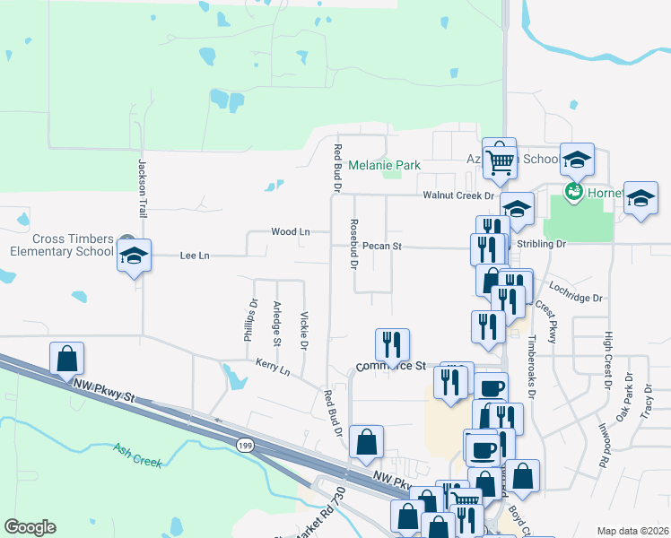 map of restaurants, bars, coffee shops, grocery stores, and more near 921 Rosebud Drive in Azle