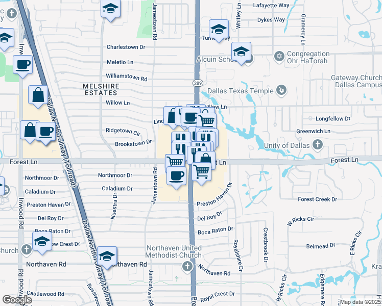 map of restaurants, bars, coffee shops, grocery stores, and more near 11835 Preston Road in Dallas