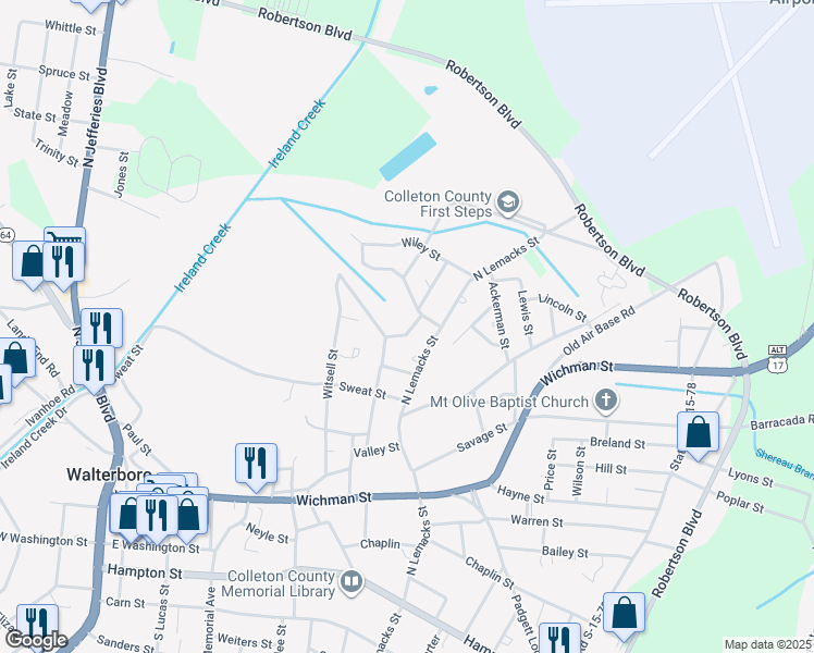 map of restaurants, bars, coffee shops, grocery stores, and more near 217 Springwood Drive in Walterboro