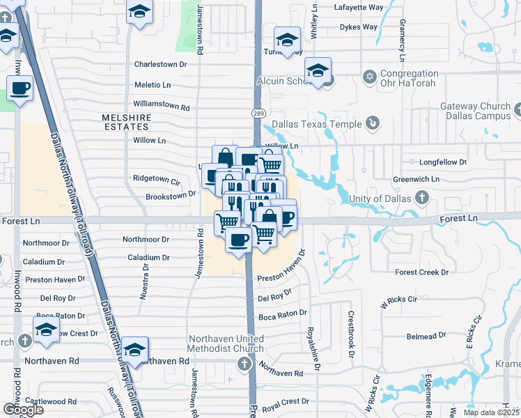 map of restaurants, bars, coffee shops, grocery stores, and more near 11835 Preston Road in Dallas