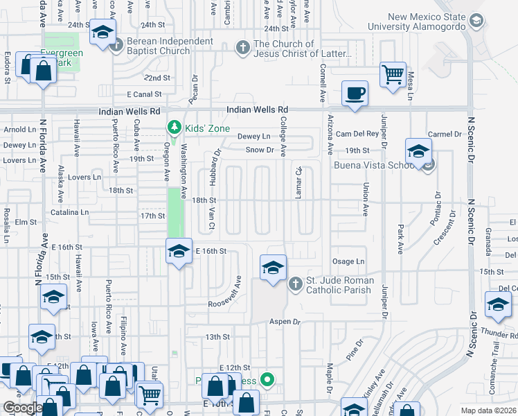 map of restaurants, bars, coffee shops, grocery stores, and more near 1703 Corte Alegre in Alamogordo