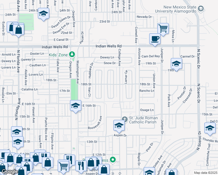 map of restaurants, bars, coffee shops, grocery stores, and more near 1703 Corte Alegre in Alamogordo