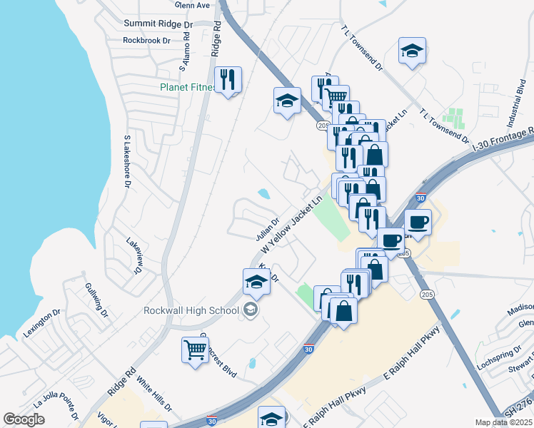 map of restaurants, bars, coffee shops, grocery stores, and more near 215 Pelican Cove Drive in Rockwall