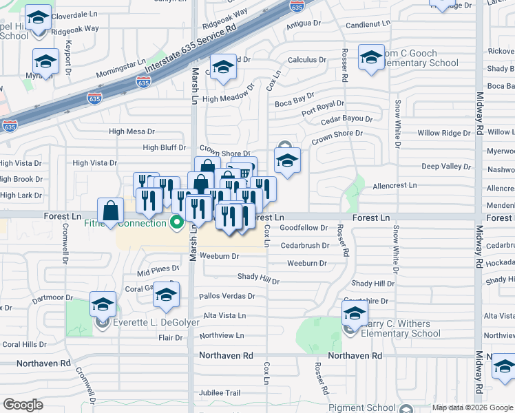 map of restaurants, bars, coffee shops, grocery stores, and more near in Dallas