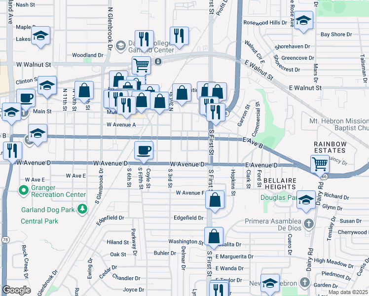 map of restaurants, bars, coffee shops, grocery stores, and more near 221 South 2nd Street in Garland