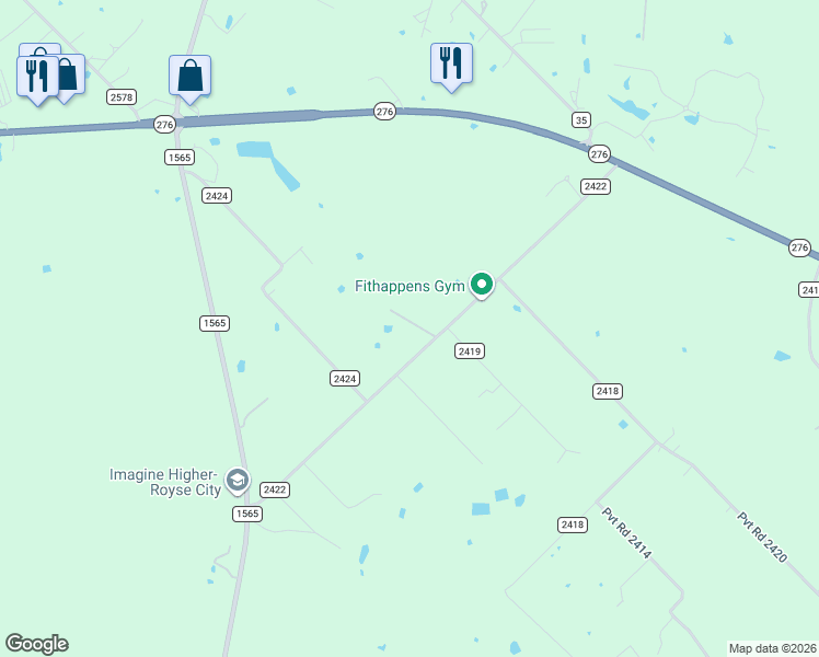 map of restaurants, bars, coffee shops, grocery stores, and more near 9800 County Road 2422 in Royse City