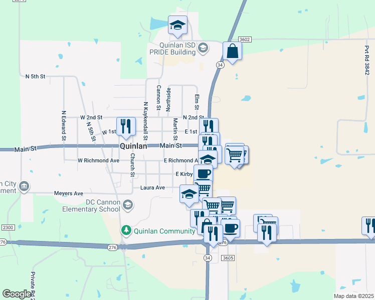 map of restaurants, bars, coffee shops, grocery stores, and more near 501 East Main Street in Quinlan