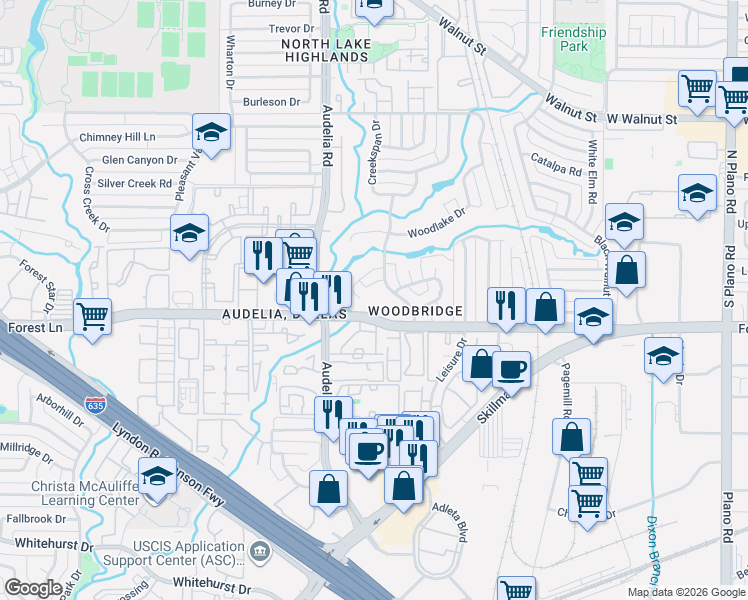 map of restaurants, bars, coffee shops, grocery stores, and more near 9902 Wood Forest Drive in Dallas