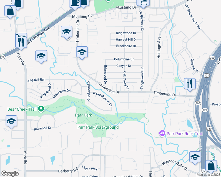 map of restaurants, bars, coffee shops, grocery stores, and more near 1 Windy Knoll Court in Grapevine
