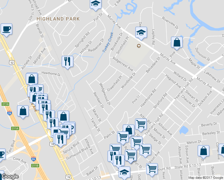 map of restaurants, bars, coffee shops, grocery stores, and more near 1249 Greenfield Place in Hanahan