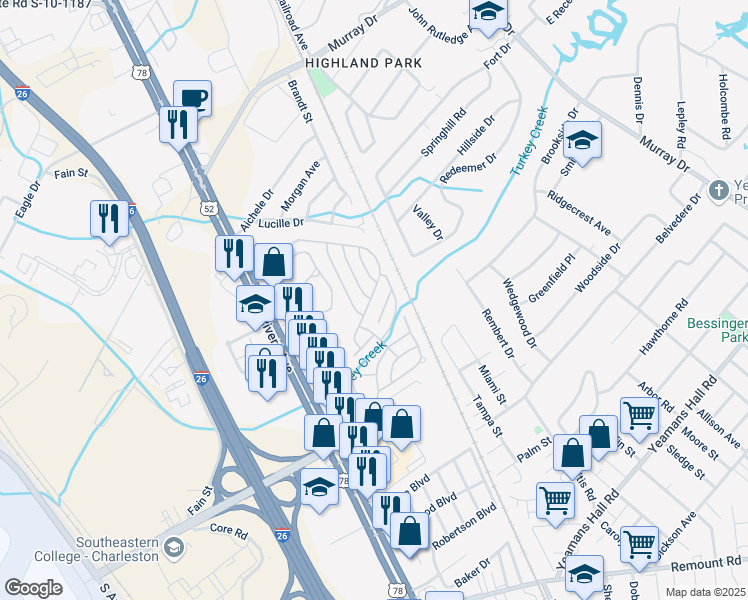 map of restaurants, bars, coffee shops, grocery stores, and more near 1900 Hawthorne Drive in North Charleston